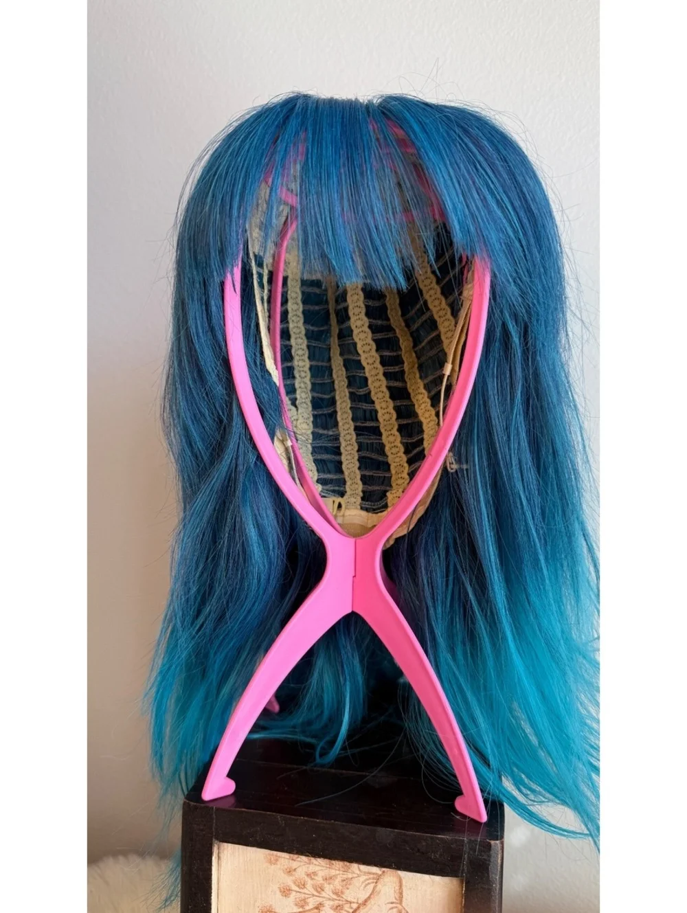 Blue to Turquoise Ombre Long Synthetic Wig with Bangs